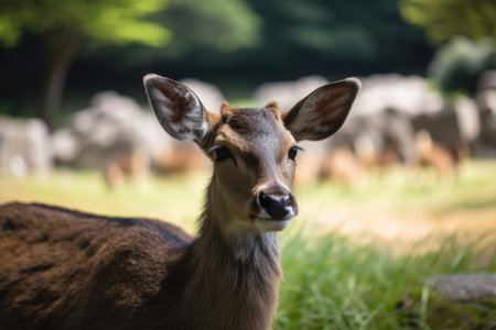 At Nara Park in Nara, Japan, a curious deer looks directly at the cameraの素材
