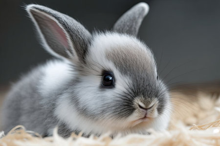 A sweet, cute baby bunny with beautiful eyelashes and gray, white furの素材