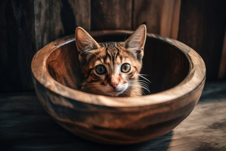 Cat in a dish made of wood. Generative AIの素材