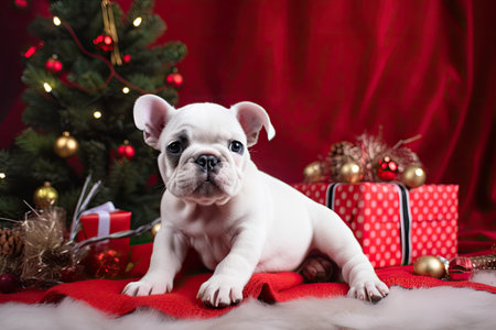 A cute puppy with a Christmas tree and presentsの素材