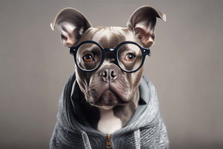 Adorable trendy dog with a gray shirt and glasses. Generative AIの素材