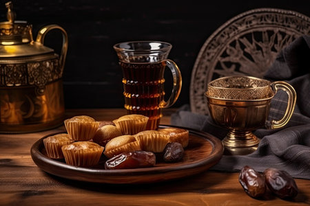 Dates and pastries made especially for Ramadan, Arabic coffee served in cups, and the best Maamoulの素材