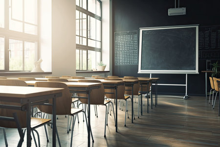 Blur Class room chair and table with white board and projector screen. white black colour conceptの素材