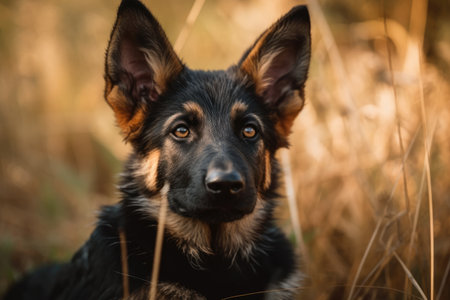 Beautiful young german shepherd dog puppy is shown in close up sitting in the grassの素材
