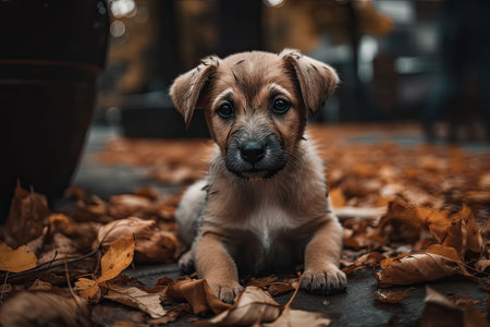 Autumn leaves and an adorable puppy on a concrete floor. Generative AIの素材