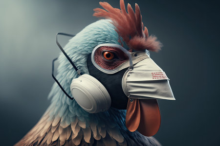 Bird flu H5N1 in China concept with chicken portrait and medical protective maskの素材