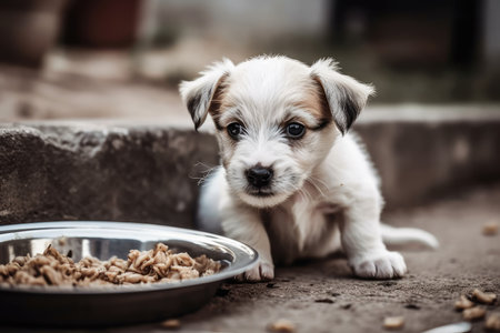 Adorable little puppy eating dog food from a bowl. Feeding pets is a notion. Generative AIの素材