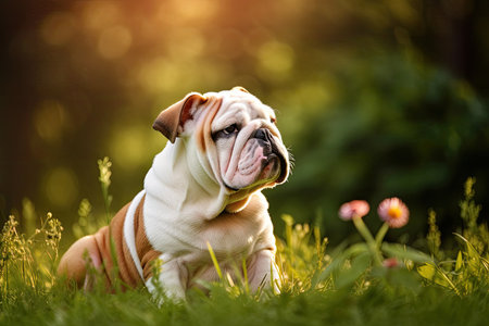 Bulldog pup is content living on the greenswardの素材