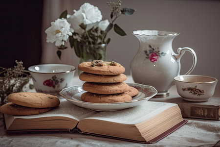 Coffee cup and cookies are on the table in the roomの素材