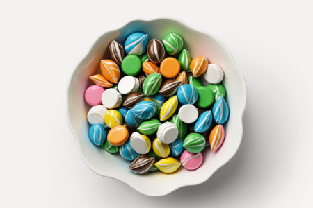Candy in a bowl with bright wrappers, photographed from above, against a white backgroundの素材