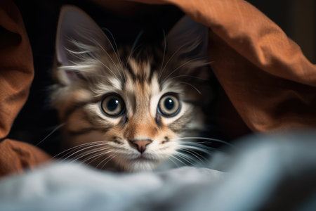 Cute kitten beneath the bedの素材