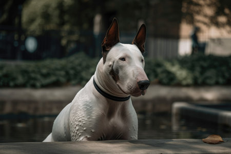 Dog sitting in the park is an English bull terrier. Generative AIの素材