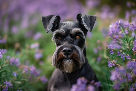 Background with lilac flowers and a black schnauzer dogの素材