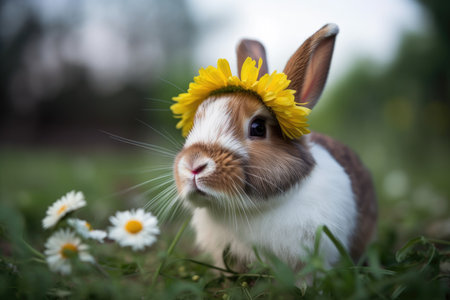 Beautiful rabbit with a flower crown on its headの素材