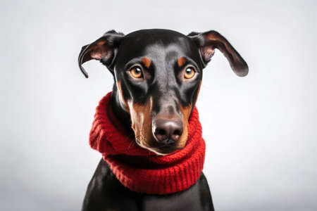 Doberman Pinscher dog breed on white backdrop with Santa Claus crown and red scarfの素材