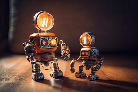 Creative design robotics family. Big robot and small kid with lamp bulb toy. Copy spaceの素材