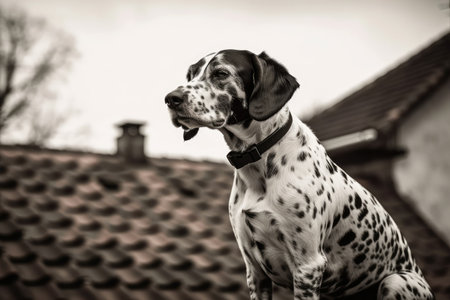 Dog with polka dots in black and white standing on the roof shelter. Generative AIの素材