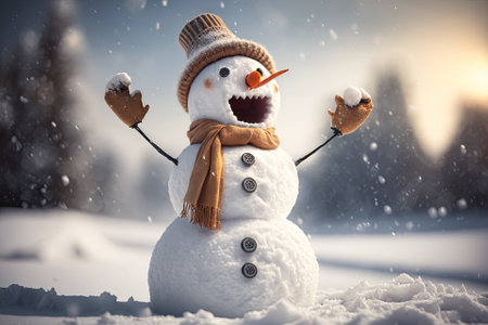 Funny snowman posing in the snow against a winter backgroundの素材