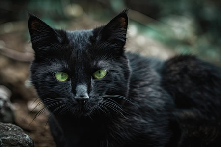 Black stray cat with emerald eyes that is alone. Generative AIの素材