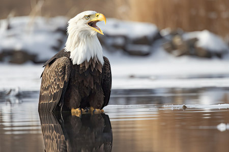 Haliaeetus leucocephalus, shouting, with reflection on the waterの素材
