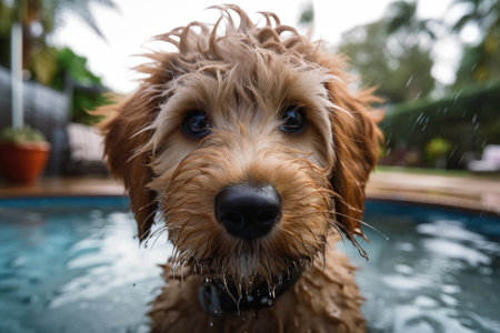 In a pool area on Lanai, a close up of a wet miniature goldendoodle is captured on cameraの素材