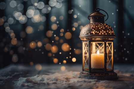 Christmas Lantern with Lit Candle in Blurred Panoramaの素材