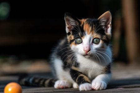 Little tricolored kitten plays with a ballの素材