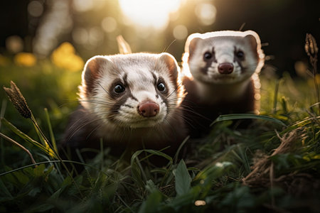 Cute ferret lovers in a spring park on fresh green grassの素材