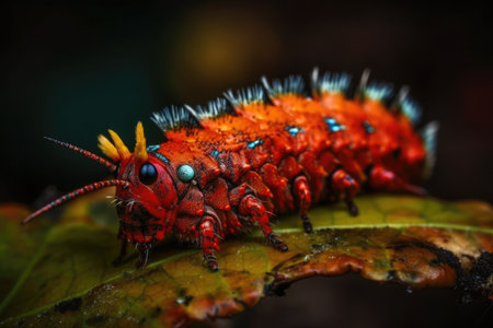 Macrophotography Red Caterpillar on the Leaf, up closeの素材
