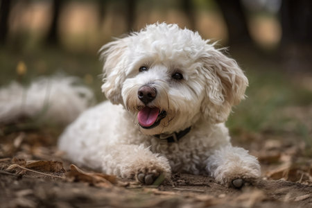 Dog resting joyfully in a yard. Generative AIの素材