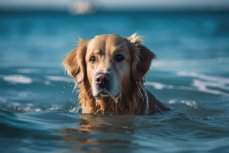 Golden Retriever dog swimming in blue waterの素材