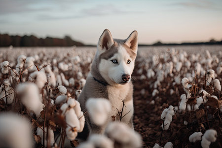 Husky puppy on a cotton field in Alabamaの素材