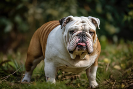 In the garden, a female English bulldog stands on the grassの素材