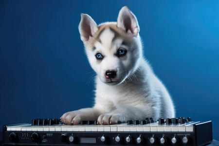 Over a blue background, a cute puppy Siberian Husky is holding a synthesizerの素材