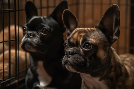 French bulldog and Chihuahua dogs calmly and steadily wait for sweets inside the cage. Cute dogsの素材