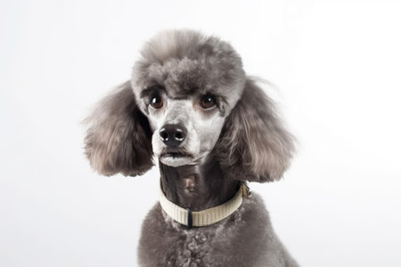 Dedicated little gray poodle wearing collar in a portrait on a plain white backgroundの素材