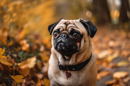 In a nearby park, a happy pug walks amid the autumn leavesの素材