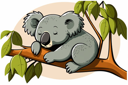 Koala Cartoon Image of a Cute Koala Sleeping on a Tree Branch in Australiaの素材