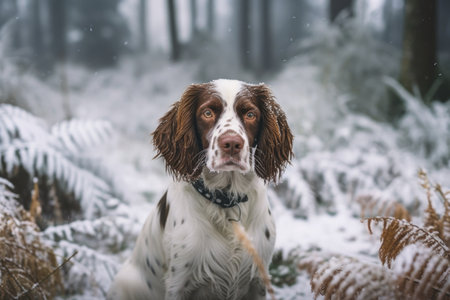 Portrait of an English Springer Spaniel in the winter. dog outside in the snowの素材