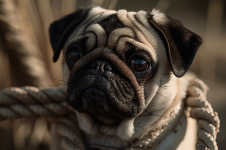 Pug with a natural rope in his jaws, in tan furの素材