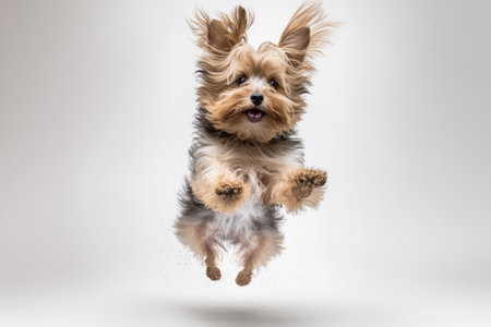 Mini the Yorkshire terrier jumping in front of a white studio backdropの素材