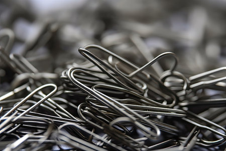 Paper clips up close and in focus on a white backgroundの素材