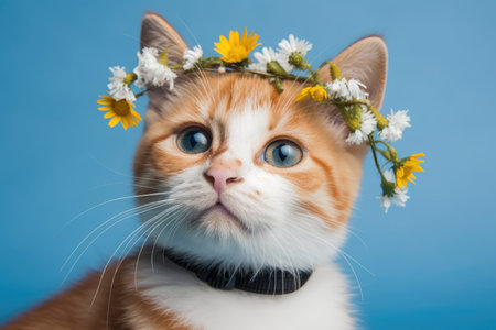 On a blue background with camomile, a sweet tiny brown and white kitten is depictedの素材