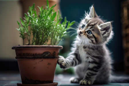 Playing with a potted plant by a kittenの素材