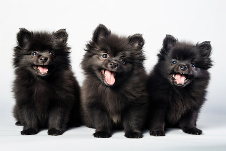 Pomeranian puppies in a group, all laughing, on a white backdropの素材