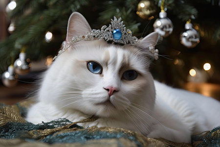 Pretty kitty beneath the Christmas tree wearing a princess crownの素材