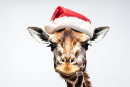 Funny image of a giraffe head wearing a Santa hat on a white background. Generative AIの素材