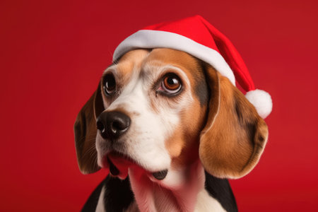 Over a red background, a comical beagle dog wearing a Santa Claus hatの素材