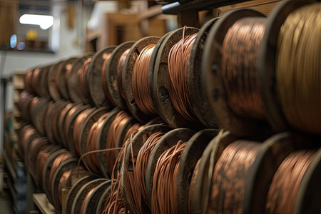 Outdoor wooden electric cable coils cables of varying voltages in the storageの素材