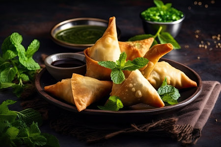 Indian dish, samosa with fresh mint dipping sauceの素材